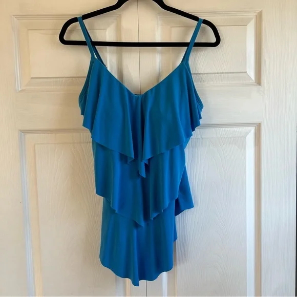 Magicsuit BLUE Solid Rita Wireless Ruffle Tankini Swim Top 8 Slimming Pool Beach - Picture 2 of 7
